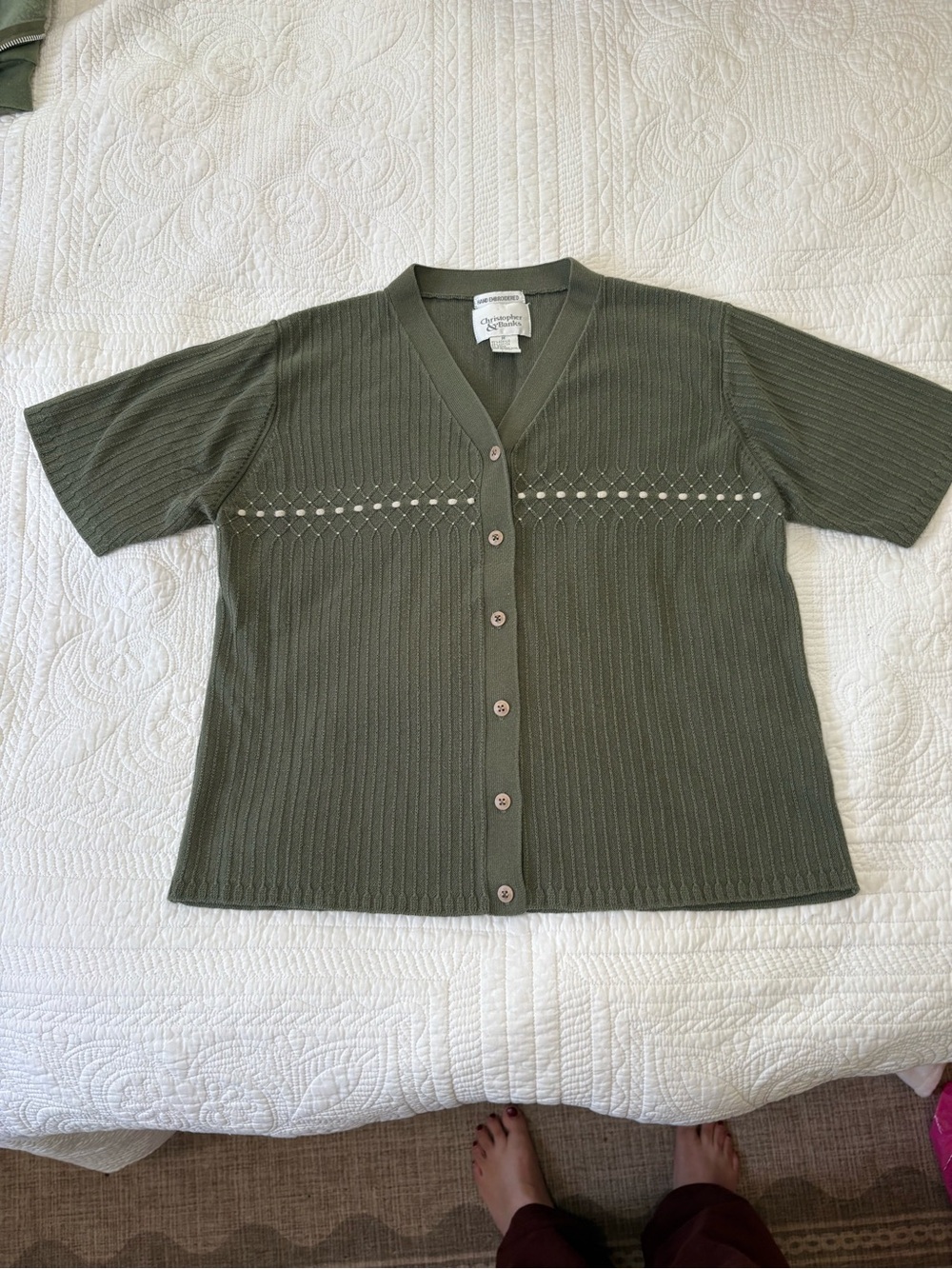 Christopher & Banks Olive Green Ribbed Button Cardigan
